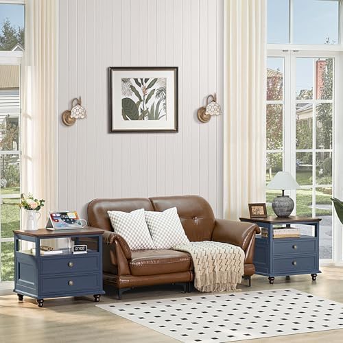 Joaxswe Farmhouse Nightstand Set of 2 with Charging Station, 24" Wide End Table with 2 Drawers,Wood Dresser for Bedroom,Bed Side Table Chest of Drawers Cabinet,Navy BlueNight Stand for Living Room