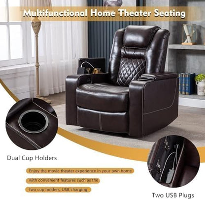 CANMOV Electric Power Recliner Chair Set of 5, Breathable Leather Home Theater Seating with Hidden Arm Storage, Power Recliner Chair for Living Room with USB Ports and Cup Holders,Brown