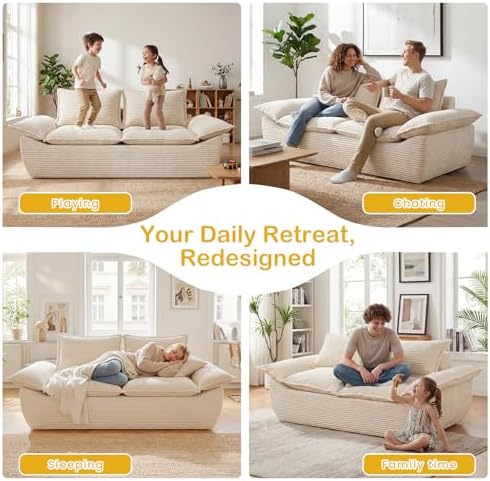 69" Boneless Loveseat Sofa, 2-Seater Beige Boneless Couch for Living Room with Removable Washable Covers, 35.4" Deep Seat, 3 Pillows, No Assembly