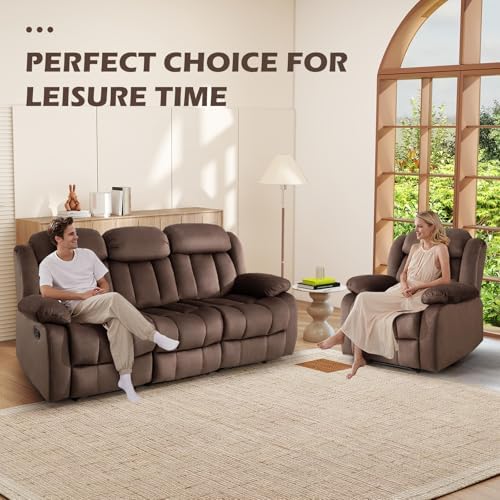 INZOY Manual Reclining Sofa Set, Modern 3 Reclining Sofa Couch for Living Room Furniture, Included Manual Single Recliner Chair and Wall-Hugger 3 Seat Recliner Sofa Coach, Brown, 1+3