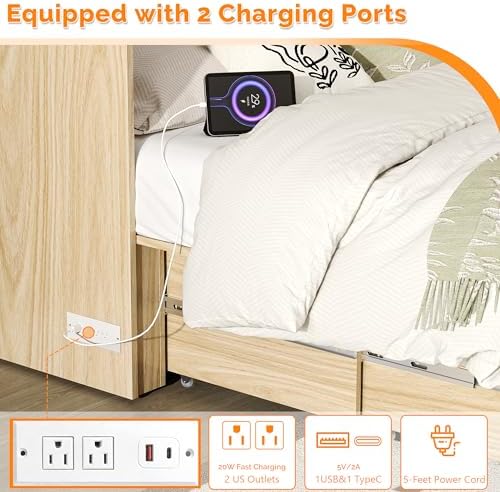 VINGLI Full Size Rattan Murphy Bed with Storage Drawer,2 Charging Station, Boho,Hideaway Paltform Panel Bed for Small Spaces,Guest Room,Office,Apartment, Space-Saving Cabinet Bed,Oak White