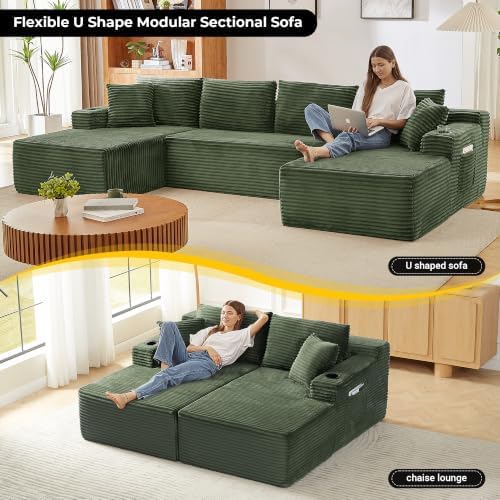 134 inch Boneless Couch, U-Shaped Modular Sectional Sleeper Sofa, Green