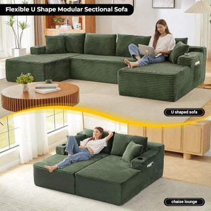 134 inch Boneless Couch, U-Shaped Modular Sectional Sleeper Sofa, Green