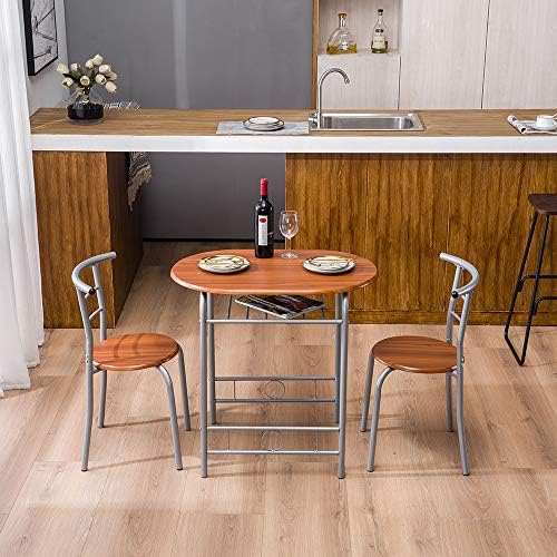 VINGLI 3 Piece Dining Set, Small Kitchen Table Set for 2, Breakfast Table Set, Kitchen Wooden Table with 2 Chairs for Small Space/Dining Room/Apartment, Metal Frame, Wine Rack, Russet