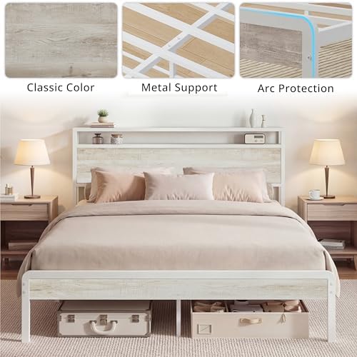 LIKIMIO Full Size Bed Frame with 2-Tier Storage Shelf Headboard