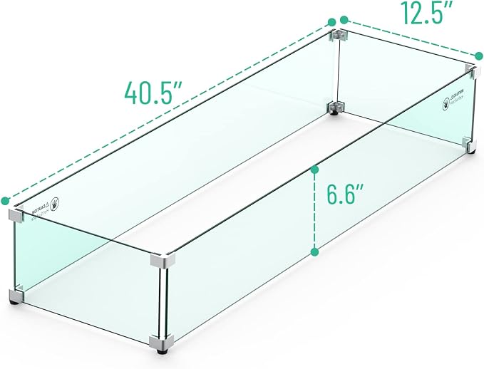 Skyflame Linear Fire Pit Wind Guard – 40.5" x 12.5" Thick Tempered Glass Firepit Screen/Clear Shields for Propane Fire Pit Table