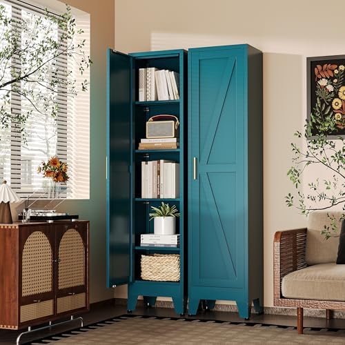 67“H Blue Narrow Kitchen Cabinet, Metal Skinny Pantry Storage Cabinet,Tall Narrow Bathroom Storage Cabinet with Adjustable Shelves,Slim and Thin Pantry Cabinets for Living Room Dining Room