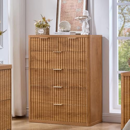 LEYAOYAO Fluted 6 Drawers Dresser for Bedroom, 42" Tall Modern Chest of Drawers with Metal Handle,Curved Profile Design,Wood Drawer Organizer for Bedroom, Living Room, Hallway, Brown