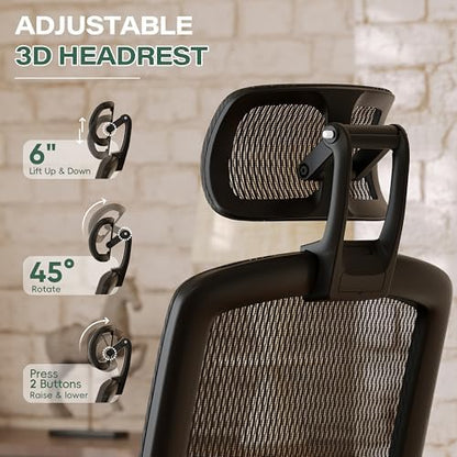 GABRYLLY Ergonomic Office Chair, High Back Home Desk Chair with Footrest,3D Headrest, Flip-Up Arms, 135° Tilt and Wide Cushion, Heavy Duty Mesh Chairs for Task Computer Gaming, Black