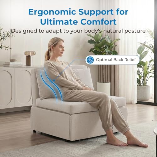 Mjkone 43" W Twin Size Pull Out Sofa Bed, 2 in 1 Convertible Linen Sleeper Chair Sofa Couch Bed with Pillows, Sofa Chair Sleeper Living Room Furniture for Small Place Apartment Home Office, Beige