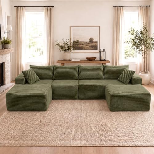 Claiks 132" Boneless Couch, U-Shape Corduroy Sectional Sofa, Green