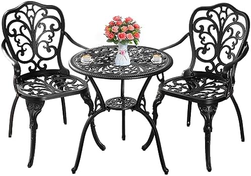 3 Piece Patio Bistro Set Cast Aluminum Bistro Table and Chairs Set of 2 with Umbrella Hole,All Weather Metal Bistro Table Set,Outdoor Patio Furniture Set for Garden(Butterfly Black)