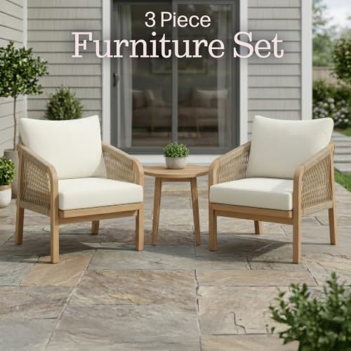 Alaterre Furniture Lusso 3 Piece Outdoor Patio Furniture Set - Weather-Resistant Eucalyptus Wood Patio Table and Chairs Set of 2 - Modern Outside Furniture Set for Porch, Deck, or Poolside (Natural)