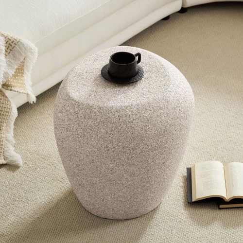 Modern Side Table, Faux Stone Round End Table, Accent Irregular Bedside Table for Bedroom, Living Room, Home Office, No Need Assembly, Cream White