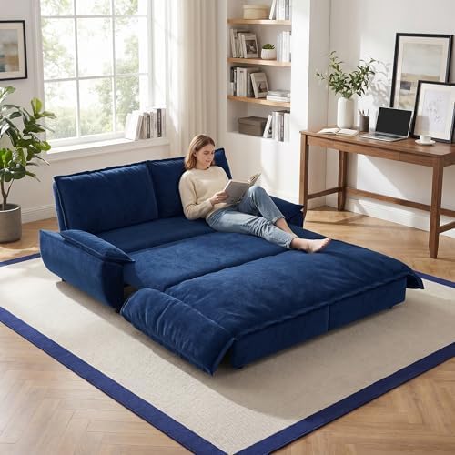 73.2" Sofa Bed Queen, 3-in-1 Pull Out Sofa Bed with Pillow Armrest, Modern Velvet Convertible Sleeper Futon Sofa for Living Room Small Space, Apartment, Bedroom, Blue
