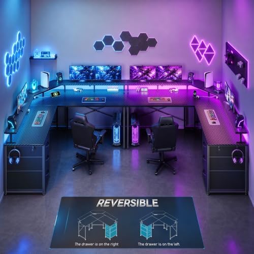 DurayLoly 48” Gaming Desk with LED Lights&Power Strip,3 Drawers&Side Hooks
