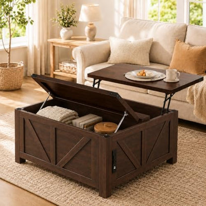 Simple Deluxe Lift Top Coffee Table with Storage, 35.5" Square Coffee Tables for Living Room, Farmhouse Coffee Table with Power Outlets, Coffee Tables with Lifting Top for Living Room (Brown)