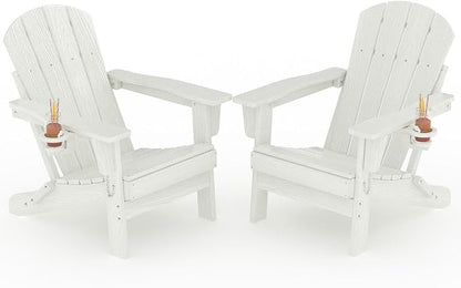 Garvee Folding Adirondack Chair Set of 2, HDPE Outdoor Patio Chair with Cup Holder, All Weather Resistent Wooden Textured for patios, Decks, Gardens, fire Pit, White