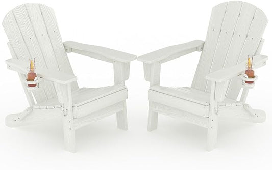 Garvee Folding Adirondack Chair Set of 2, HDPE Outdoor Patio Chair with Cup Holder, All Weather Resistent Wooden Textured for patios, Decks, Gardens, fire Pit, White