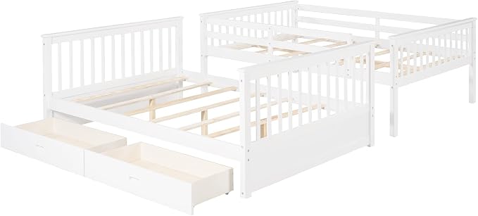 Merax Full-Over-Full Bunk Bed with Two Storage Drawers, Solid Wood Full Size Bunk Bed with Guardrail and Removable Ladder, Can be Converted Into 2 Separate Beds, White