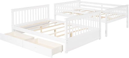 Merax Full-Over-Full Bunk Bed with Two Storage Drawers, Solid Wood Full Size Bunk Bed with Guardrail and Removable Ladder, Can be Converted Into 2 Separate Beds, White