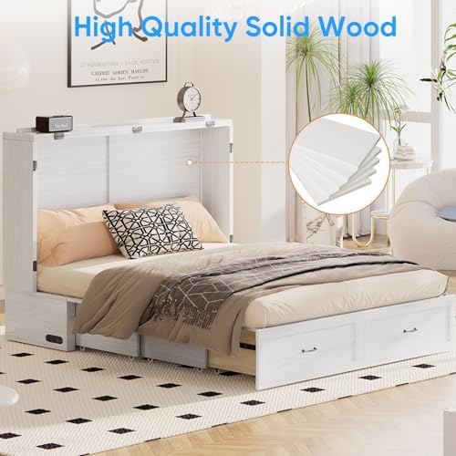 PUREMIND Queen Murphy Bed Cabinet, Bedroom Cabinet Beds with USB Charging Station, Murphy Chest Bed with Storage Drawers, Horizontal Wallbed for Guest Room White