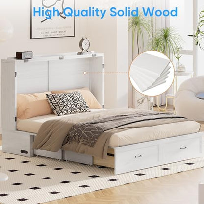 PUREMIND Queen Murphy Bed Cabinet, Bedroom Cabinet Beds with USB Charging Station, Murphy Chest Bed with Storage Drawers, Horizontal Wallbed for Guest Room White