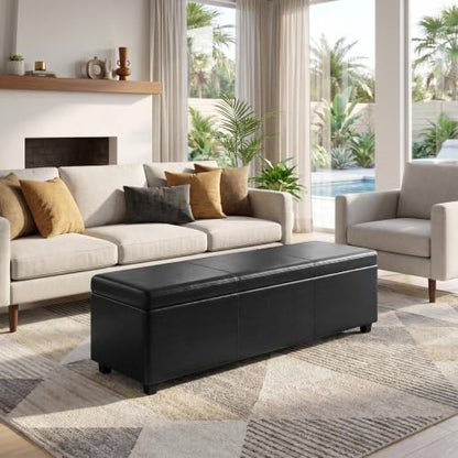 SIMPLIHOME Avalon 60" Wide Fabric Storage Ottoman in Midnight Black
