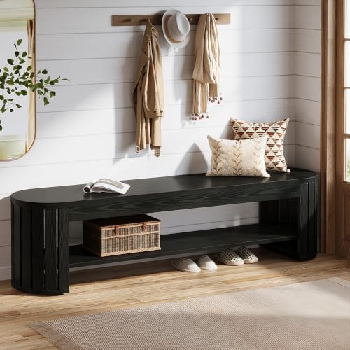 Tribesigns 63" Wooden Entryway Bench with Shoe Storage, Long 2-Tier Narrow Shoe Bench with Arc Vertical Slat Splicing Legs, End of Bed Stool for Bedroom, Entrance, Living Room (Black)