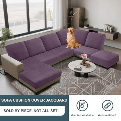 UNBBRRL Seat Cushion Cover and Back Covers for Corner Sofa Stretch Jacquard, Non Slip L Shaped Sofa Slipcover with Storage Ottoman, Sectional Couch Cover for Chaise Lounge (Purple,16 x 30 x 6”)