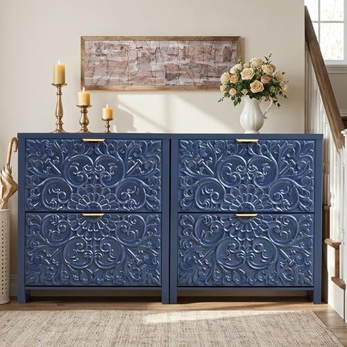 Shoe Cabinet Set of 2, 2-Tier Flip-Drawer Storage for Entryway (Blue, 2)