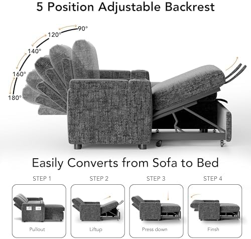 Vipbear Chenille Sleeper Sofa Bed, 82" Pull Out Couch with Reclining Backrest/Reversible Storage Chaise, 3 in 1 L-Shaped Couch with Armrest Storage | Cup Holder | Tool-Free Assembly | Grey