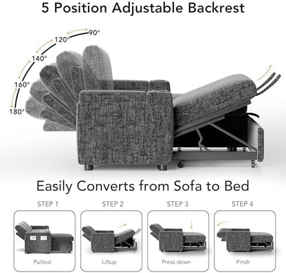 Vipbear Chenille Sleeper Sofa Bed, 82" Pull Out Couch with Reclining Backrest/Reversible Storage Chaise, 3 in 1 L-Shaped Couch with Armrest Storage | Cup Holder | Tool-Free Assembly | Grey