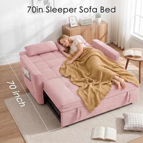 54'' Sleeper Sofa Bed, Convertible Pull Out Couch with Adjustable Backrest, Side Pockets & 2 Lumbar Pillows, Velvet Fabric Loveseat for Living Room, Apartment & Small Spaces (Pink)