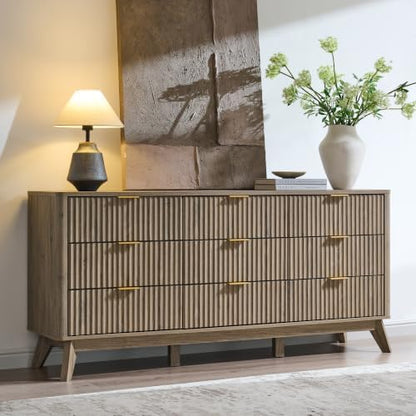 T4TREAM 63" Wide Fluted 9 Drawer Dresser for Bedroom, Grey Alder