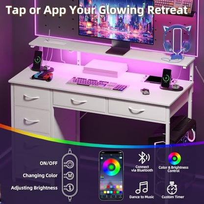 Somdot Computer Desk with Power Outlet and LED Lights, Desk with 6 Drawers