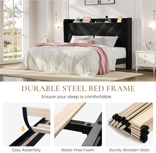 SHA CERLIN King Size Bed Frame, Velvet Upholstered Platform Bed Frame with Wingback Storage Headboard & Charging Station, Geometric Tufted Design, No Box Spring Needed, Easy Assembly, Black