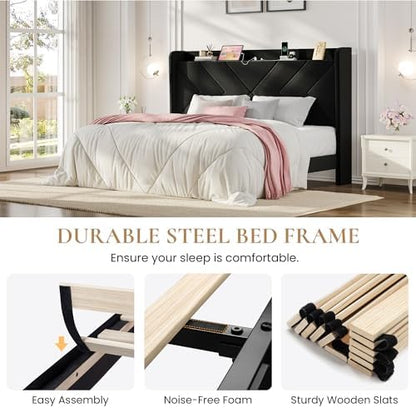 SHA CERLIN King Size Bed Frame, Velvet Upholstered Platform Bed Frame with Wingback Storage Headboard & Charging Station, Geometric Tufted Design, No Box Spring Needed, Easy Assembly, Black