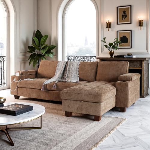 100" L Shaped Sectional Sofa with Hidden Armrest Storage, USB & Type-C Charging Ports, 4-Position Adjustable Armrests, Built-in Cup Holders, Upholstered Couch for Living Room, Brown
