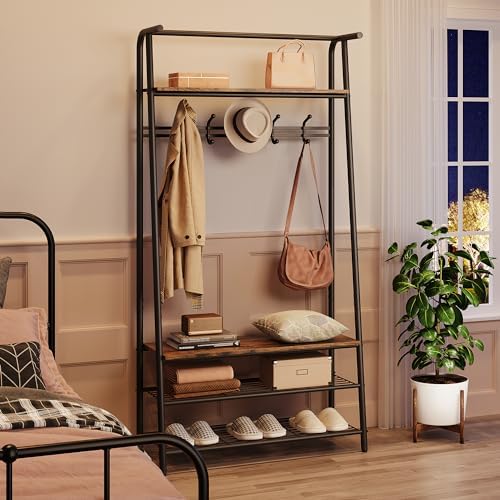 Entryway Hall Tree with Storage, Coat Rack Shoe Bench, 4-in-1 Metal Frame Hallway Organizer, Freestanding Industrial Accent Furniture for Living Room Bedroom
