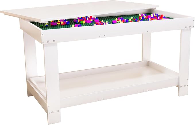 Kids Activity Table with Storage, 2 in 1 Solid Wood Building Blocks Table with Board for Boys Girls Gifts, Play Bricks, Train, Reading, Arts Draw