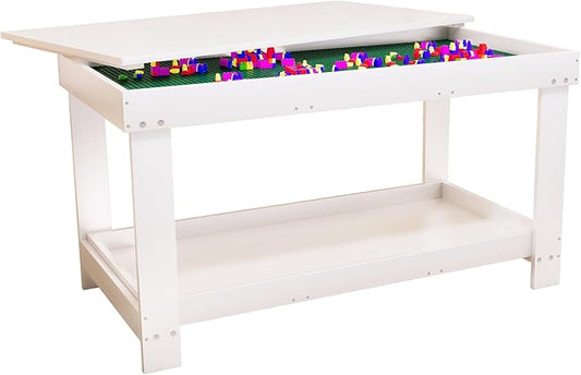 Kids Activity Table with Storage, 2 in 1 Solid Wood Building Blocks Table with Board for Boys Girls Gifts, Play Bricks, Train, Reading, Arts Draw