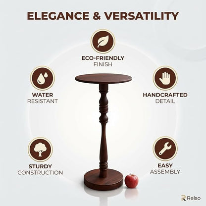 Relso Stambha Solid Wood Drink Table – 24" Tall Round Accent Side Table for Living Room or Bedroom, Narrow End Table or Indoor Plant Stand, Walnut Finish, Handcrafted Mango Wood Furniture