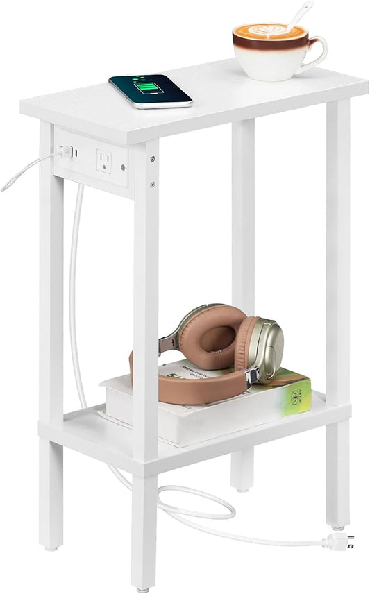 HOOBRO Narrow Side Table, 2-Tier Slim End Table with Charging Station, Skinny Nightstand with Open Storage, for Small Spaces, Living Room, Bedroom, Study, White WT240UBZ01