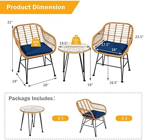 Tangkula 3 Pieces Patio Bistro Set, Rattan Conversation Set with 2 Cushioned Armchairs & Round Glass Coffee Table, Indoor Outdoor Wicker Furniture Set for Balcony, Backyard, Garden, Poolside