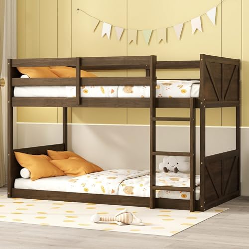 Merax Twin Over Twin Bunk Bed with Panelled Headboard and Footboard, Floor Solid Rubber Wood Foundation with Safety Guardrails, Built-in Ladder, Antique Oak
