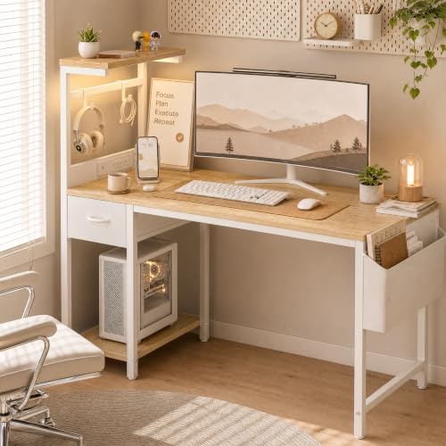 Grandder Computer Desk 40 Inch with Power Outlet and LED Light Oak
