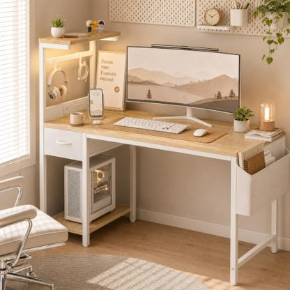 Grandder Computer Desk 40 Inch with Power Outlet and LED Light Oak