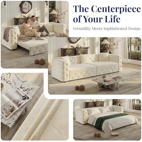 NicBex 89" 4-Seater Queen Size Pull Out Sofa Bed with 3 Pillows, Beige