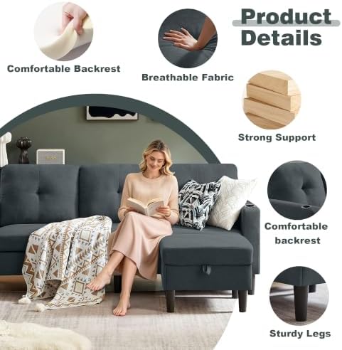 79" Convertible Sectional Sofa, L Shaped 3 Seat Couch with Storage Chaise